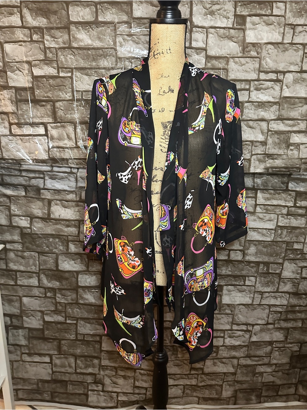 Sheer Black Kimono Cardigan with Colorful Shoe & Purse Print Size Medium